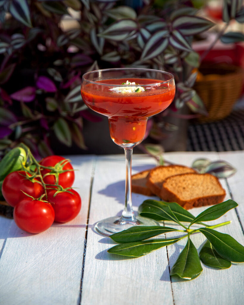 tomato juice with cheese and herbs