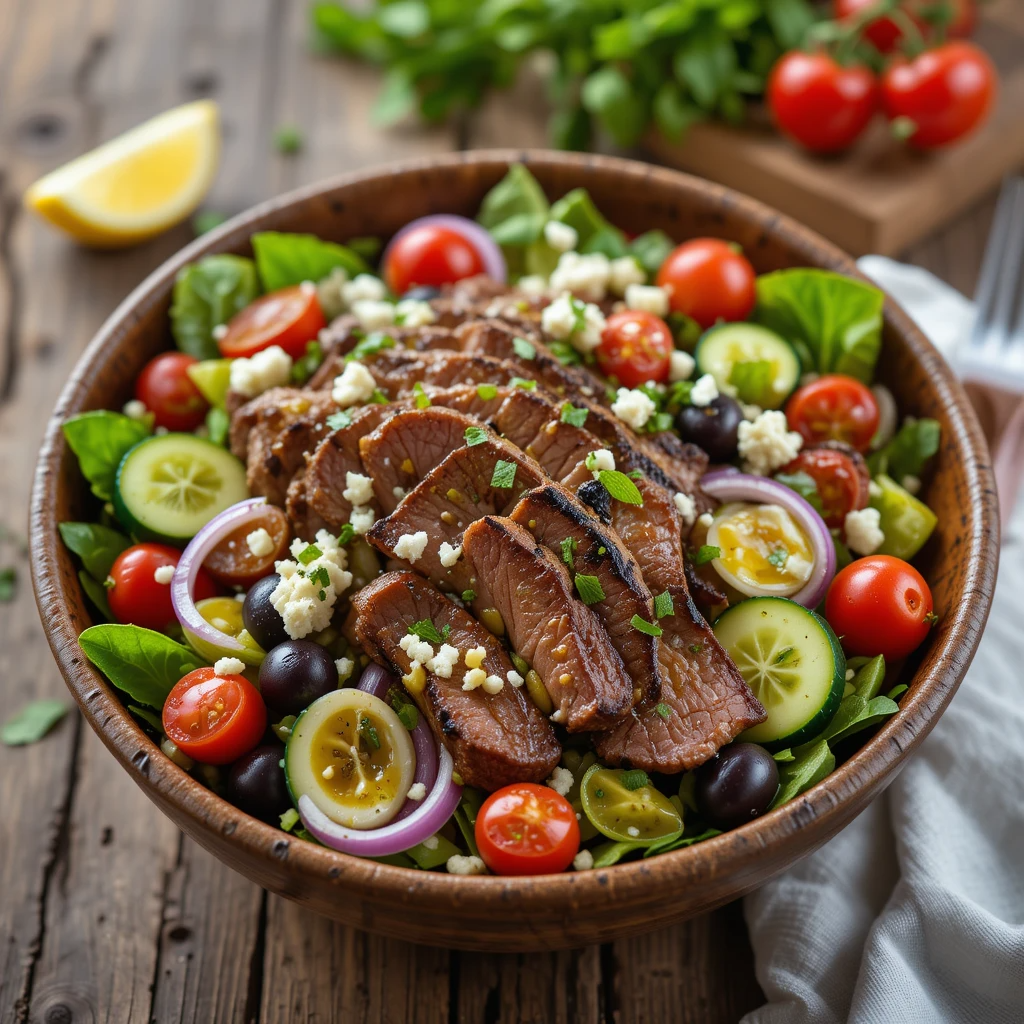 Greek Flank Steak and Veggie Salad